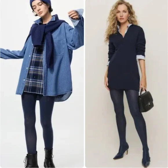 NWOT: Fashion Pattern Textured Navy Blue Winter Tights •  NEW - Picture 2 of 10